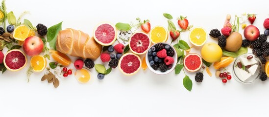 Canvas Print - In the midst of a vibrant summer, a hand delicately arranges an appetizing breakfast spread isolated against a pristine white background, showcasing the contrasting textures of luscious fruits