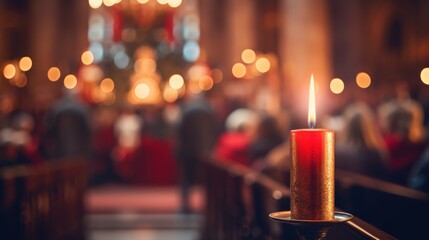 Poster -  a lit candle sitting on top of a pew in front of a church filled with people and a chandelier hanging from the top of the pews in the center of the room.