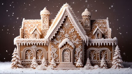 Poster -  a close up of a gingerbread house with icing on it's roof and trees in front of a dark background with snow flecked snowflakes.