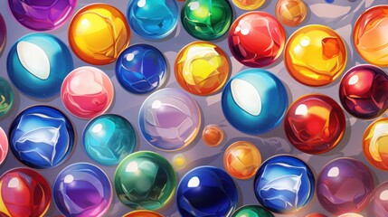 Poster -  a bunch of different colored balls floating in the air next to each other on top of a white surface with a light reflection on the top of the balls in the middle of the picture.