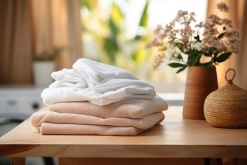 Stack of clean towels on table in laundry room. Space for text	