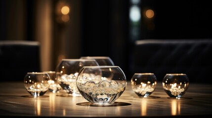 Wall Mural -  a group of wine glasses sitting on top of a table next to a wine glass filled with water and lite up with candles in the middle of the glass.