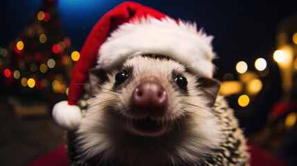 Wall Mural - Selfie of a hedgehog on blur bokeh Christmas background