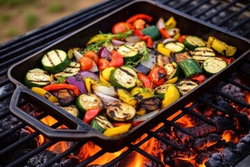 Poster - shot of grilled veggies in an iron-handled pan on a cobblestone surface