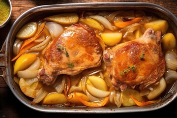 Sticker - overhead view of sizzling pork chops doused in sweet apple sauce