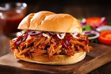 Wall Mural - pulled pork sandwich on a rustic wooden table