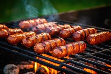 Sausages Frying On A Patio Bbq During Summer