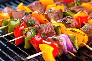 Poster - close-up of juicy steak skewers with bell peppers