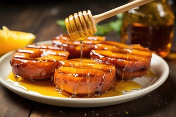 Poster - bbq grilled peach halves with honey drizzle