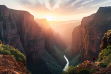 Human With Extraordinary Landscape Is Awakened By First Light Of A Sunrise Over A Gorge, Illuminating Deep Chasm And Promising A New Day Full Of Nature's Beauty