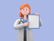 3D illustration of Female Doctor Nova holds blue clipboard with blank document.Health insurance. Professional therapist, hospital assistant.Medical presentation clip art isolated on blue background.
