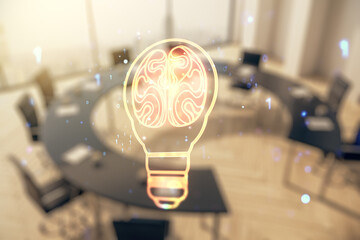 Abstract virtual idea concept with light bulb and human brain illustration on a modern conference room background. Neural networks and machine learning concept. Multiexposure