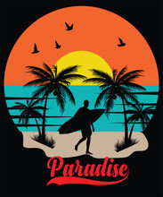 Vector Summer Beach Sunset With Palm Tree, Long Beach, Summer Vibes Hand Draw, Summer Beach Slogan With Beach Illustration, Hawaii, Aloha Surf Typography For T-shirt Print , Beach Vector Print,
