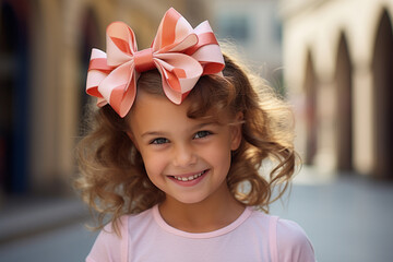 The portrait view of a little cute European girl in a sweet pink outfit and pink big bow on curly hairstyle, standing in the city in the morning. Generative AI.