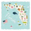 Colorful illustrated map of Florida state, USA, with animals, famous symbols, landmarks.