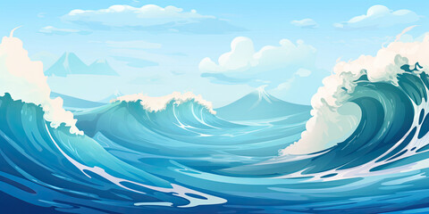 Wall Mural - Cartoon anime ocean waves illustration graphic resource sea blue waters background, generated ai