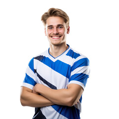 
Front view of a half body shot of a handsome man with his jersey painted in the colors of the Finland flag only, smiling with excitement isolated on transparent background.