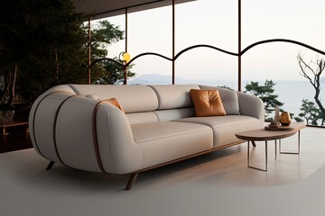 closeup of a curved beige leather sofa in a modern living room