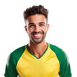 Front view of a half body shot of a handsome man with his jersey painted in the colors of the Brazil flag only, smiling with excitement isolated on transparent background.