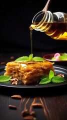 Wall Mural - Baklava with honey syrup on black background. Generative AI.