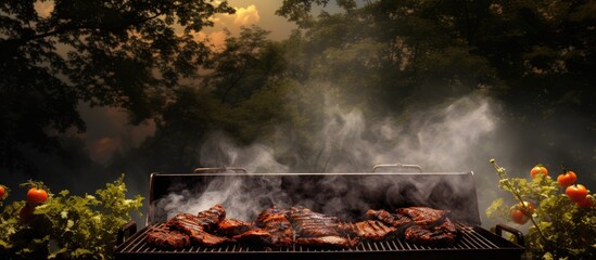 Wall Mural - At the summer party, the scent of smoke filled the air as orange flames danced on the barbecue grill, cooking mouth-watering meat and sizzling steaks, creating a tantalizing aroma that wafted through