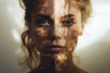Double Exposure Portrait Of Young Beautiful Woman Blended With Nature