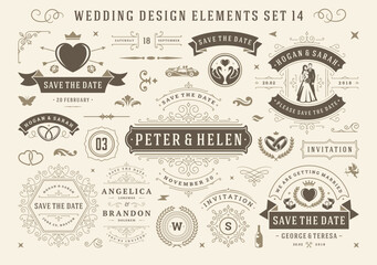 Vintage wedding and valentines day decorative ornament design elements set vector illustration