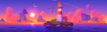 Lighthouse On Rocky Cliff Of Island In Ocean Or Sea On Background Of Pink And Purple Gradient Sky During Sunset With Clouds. Cartoon Vector Landscape With Retro Light Beacon Tower With Seagulls.