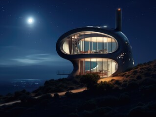 Canvas Print - A house on a hill at night with the moon in the sky. Generative AI.