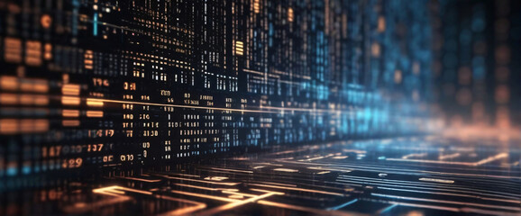 An abstract digital background with binary code and AI algorithms running in the background