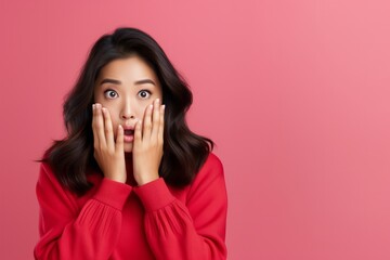 Wall Mural - Surprised Asian woman reclines on her hands and shouting while looking at the camera over pink background