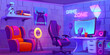 Computer game streaming studio. Vector cartoon illustration of lounge room with desktop pc, microphone, round led lamp, smartphone for streaming, armchairs, books and toy robot on shelf, wall poster