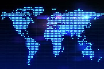 Poster - Creative glowing digital pixel squares map of the world with spotlights. Global business concept. 3D Rendering.