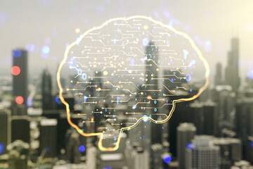 Wall Mural - virtual creative artificial intelligence hologram with human brain sketch on blurry skyscrapers back