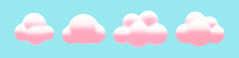 Cartoon 3d Pastel Pink Fluffy Clouds Set. Vector Soft Dream Cloud On Blue Background. 3d Render Bubble Shape, Round Geometric Cumulus Illustration For Design, Game, App