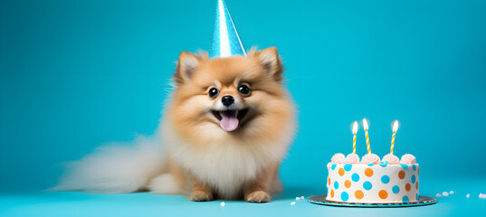 Wall Mural - Happy cute pomeranian dog is celebrating birthday