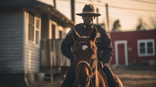 Male Sheriff Riding Horse Patrolling City Street. Generative AI