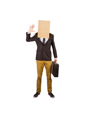 Canvas Print - Digital png photo of caucasian elegant man with suitcase and box on head on transparent background