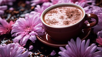 Wall Mural - close up of a cup of hot chocolate with pink flower top view , morning drink refreshing, Generative Ai 