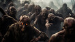 Large crowd of dead zombies with glowing eyes chasing, running, generative ai