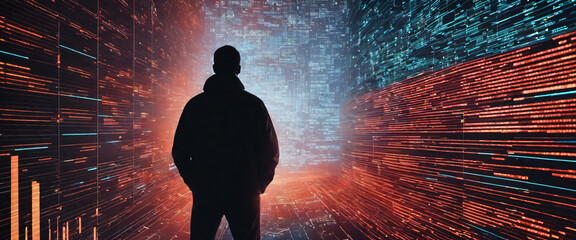 A silhouette of a person standing in front of a giant digital screen with a flow of data showing various cyber threats and vulnerabilities