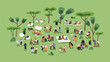 Characters relaxing in park on summer holiday. Tiny people resting at open-air festival in nature, meeting, gathering outside. Outdoor relaxation, picnic, weekend leisure. Flat vector illustration