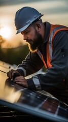 Wall Mural - Technician works with solar panels in field with clouds and sunset background.