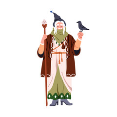 Wall Mural - Old magician, mage holding staff and raven bird. Bearded wizard character in witch hat. Magic sorcerer, fairytale man with wand stick. Fantasy flat vector illustration isolated on white background