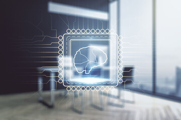 Wall Mural - creative artificial intelligence concept with human brain hologram and modern desktop with computer 