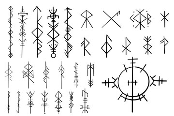 Nordic celtic runes, set norse protection symbols in doodle style, amulet, witchcraft signs on white background.