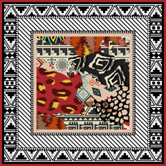 Sticker - Abstract scarf design pattern-card illustration. Hijab pattern in the frame of a square. Tribal design, ethnic African style.