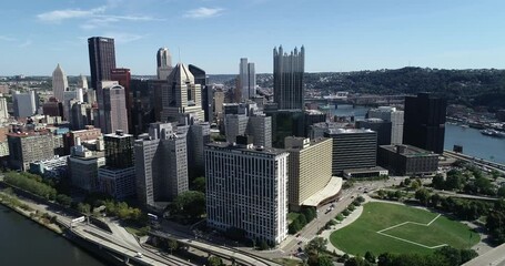 Sticker - Aerial view of Pittsburgh, Pennsylvania. Daytime with business district and rivers in background