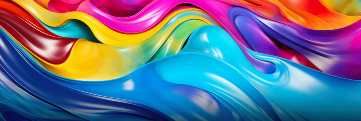 Wall Mural - 3d abstract wallpaper. Liquid metal rainbow waves banner. Three dimensional rainbow colored swirls background