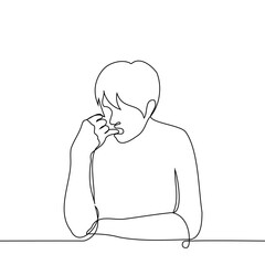 Wall Mural - man sitting at the table picking his teeth - one line art vector. concept violation of etiquette, oral hygiene, bad manners